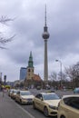 February 05, 2020: View of the Television Tower Fernsehturm in Berlin from Alexander Platz. The famous TV towe